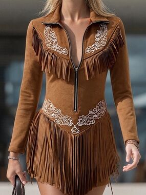 Oyrosy Vintage Western Style Embroidered Tassel LS Suede Mini Dress Brown L NWT